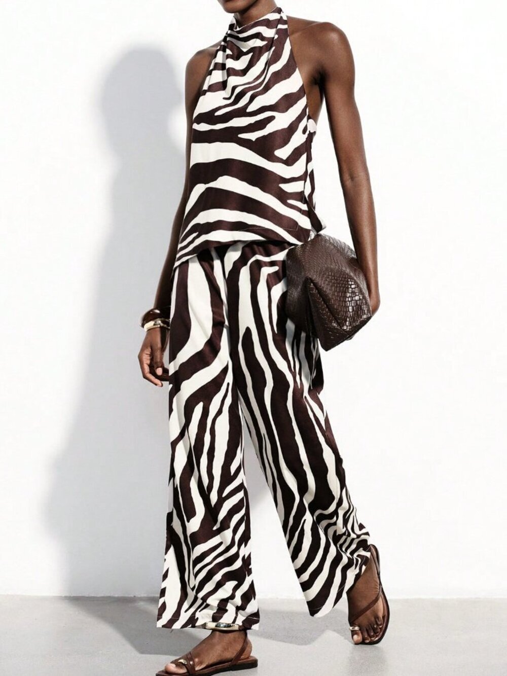 Multicolor Zebra Print Women's Halter Backless Drawstring Wide-Leg Pants Set - Picture 4 of 6